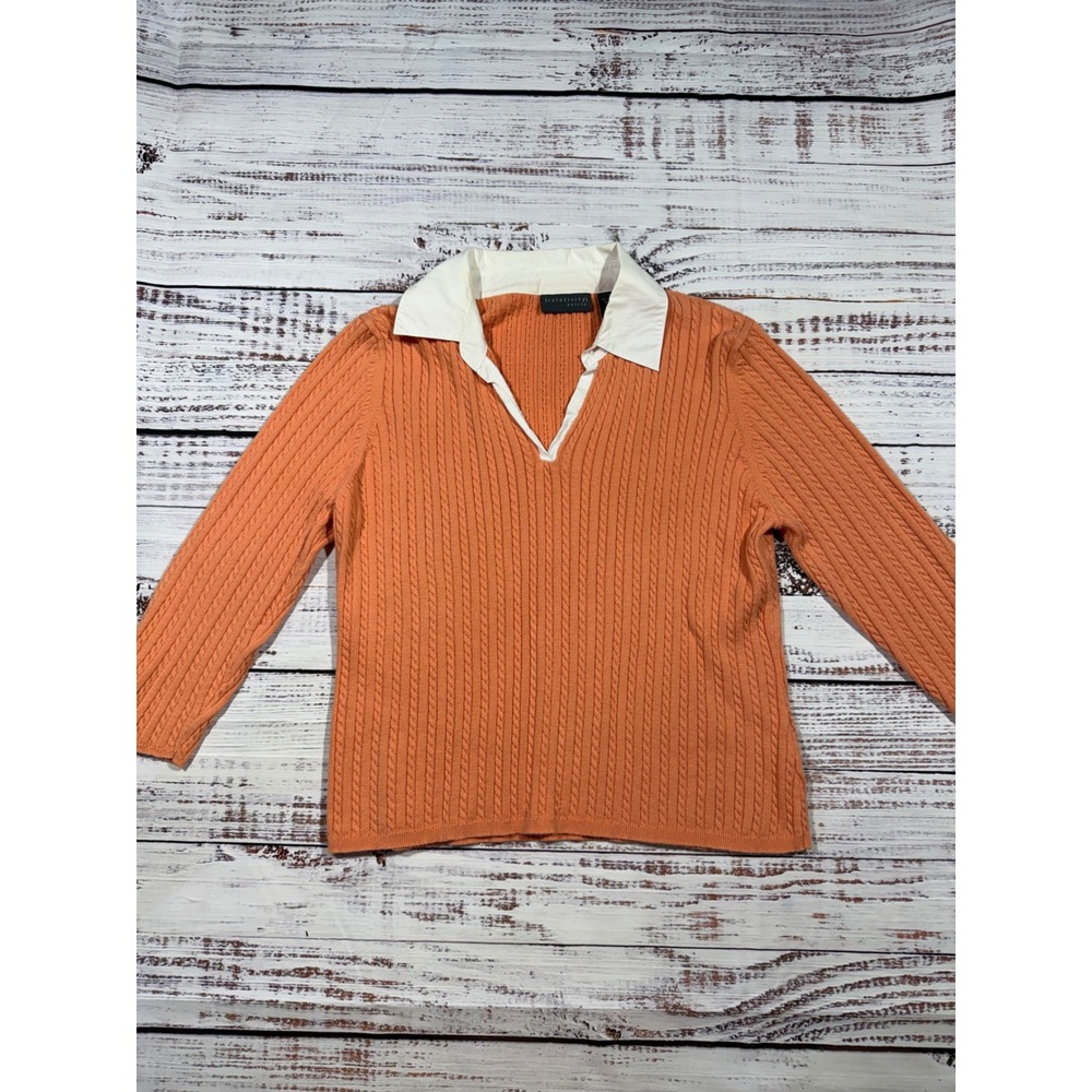 Relativity Petite Orange Cable Knit Sweater White Collar V-Neck Cotton Size PL